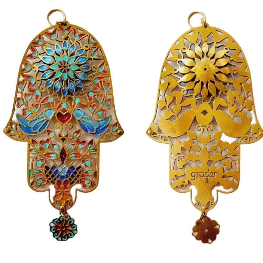 BEAUTIFUL GRADER HAMSA DOVES GOLD AND‎  BLUE
